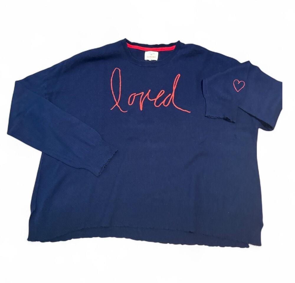 Sundry Navy Sweater with Red 'loved' Juniors (Small) Small Snag/Hole Left Side